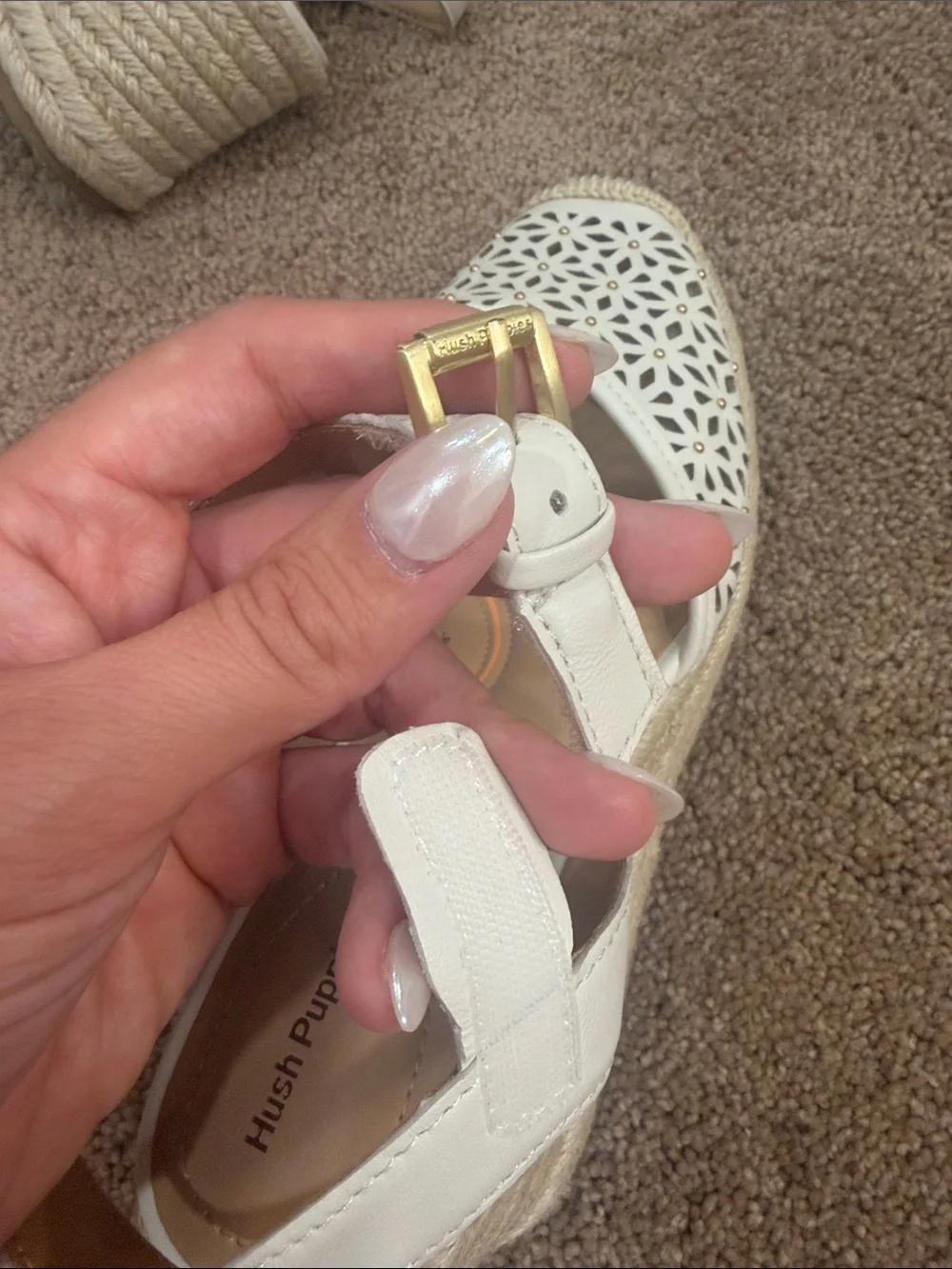 Hush Puppies White Laser-Cut Espadrille Wedge Sandals with Gold Buckle